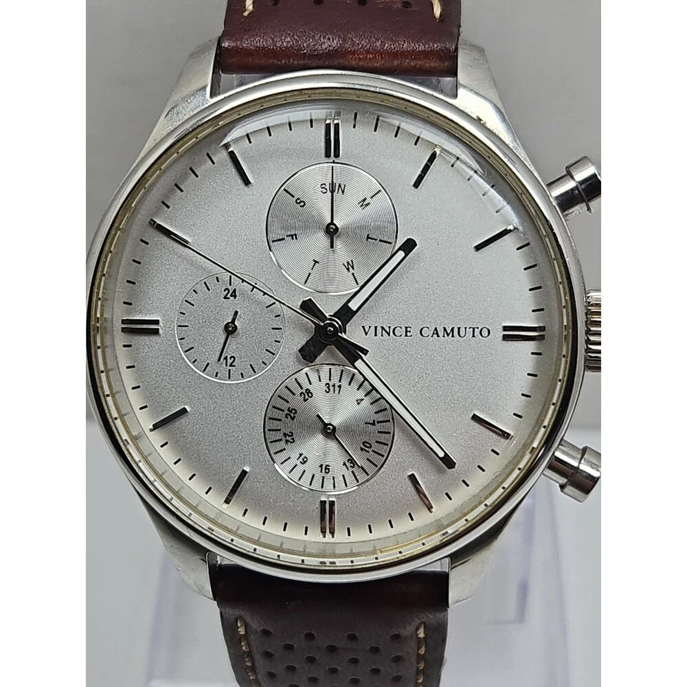 Vince Camuto Mens 42mm Watch VC1101SV Silver Tone Multi Dial Leather New Battery